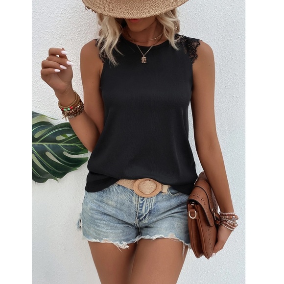 Black Rib Knit Lace Detail Tank Top Tee Shirt - Picture 5 of 8